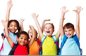 Group of kids cheering and raising arms up in the air